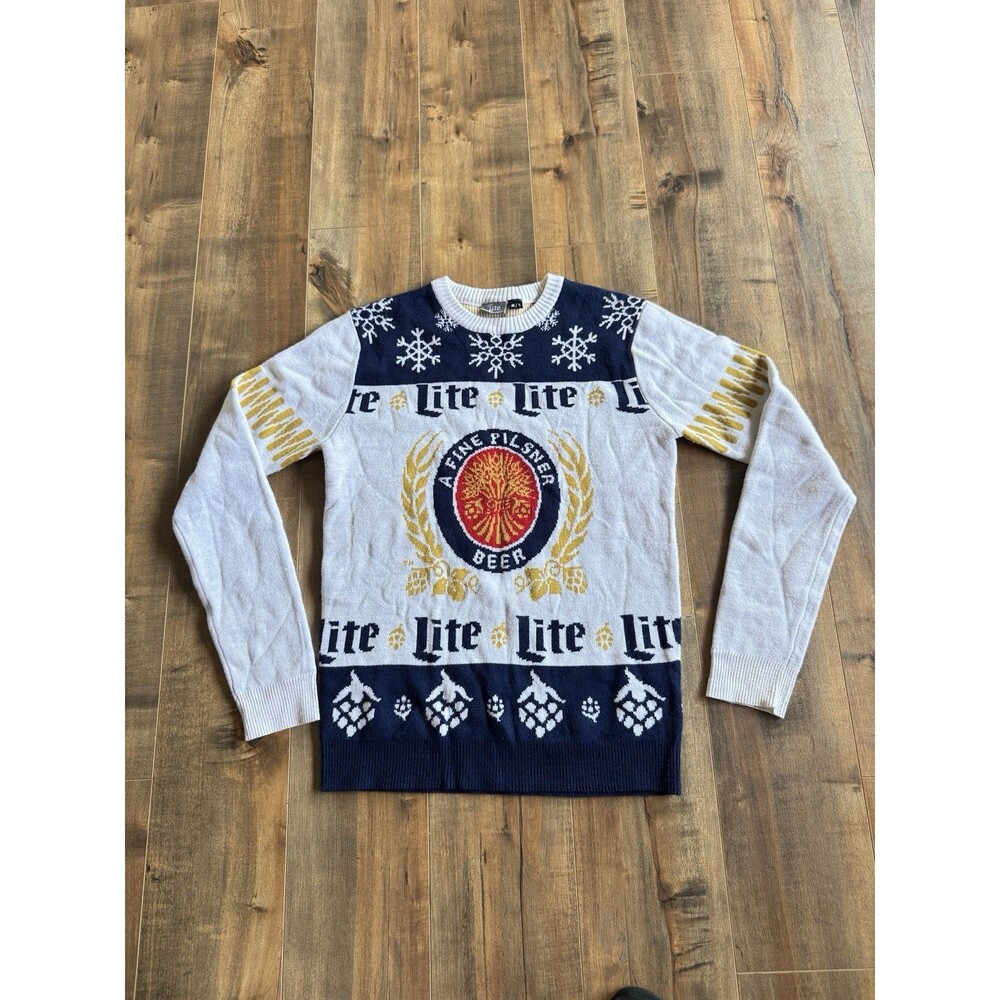 Miller Lite Beer Ugly Christmas Sweater Pilsner Snowflakes Pullover 2015 Men SML